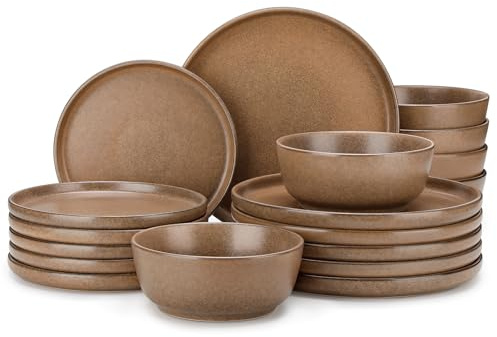 vancasso ZERMATT Set Piatti 6 Persone, 18 Pezzi Servizio Piatti in Gres, Set Piatti Moderni Include 6 Piatti Piani, 6 Piatti da Dessert, 6 Ciotole per Cereali, Marrone Tenue