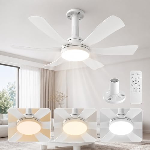 Hisummer 71cm Ventilatore da Soffitto con Luce E27, Montaggio in 3 Passi | Solo con base fornita, motore DC reversibile, silenzioso, 6 velocità, LED regolabile, telecomando, per camera e piccoli spazi