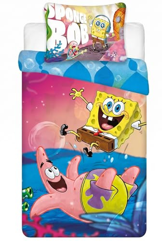 BrandMac Spongebob Schwammkopf Bettwäscheset für Kleinkinder | Junior-Bettbezug 100x135 cm mit Kissenbezug 40x60 cm, 100% Baumwolle | Farbenfrohes offizielles Spongebob-Design