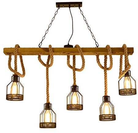 Retro Vintage Seilleuchte Seil Lichter Kronleuchter Rustikal Hanfseil Eisen Leuchter Pendelleuchte Runde Hängend Eisen Käfig Hängelampe Handgewebt Deckenlampe Beleuchtung 5 * E27 Edison Esstischlampe