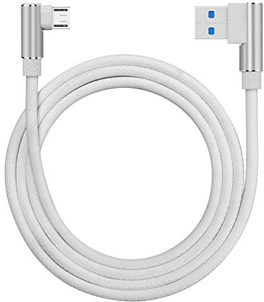 Cavo Dati da 2m Micro USB Cavo di Ricarica con Cavo a 90 Gradi Intrecciato per Samsung Galaxy S7 S6, LG, Nexus, Nokia, PS4 e Altro (Bianco)