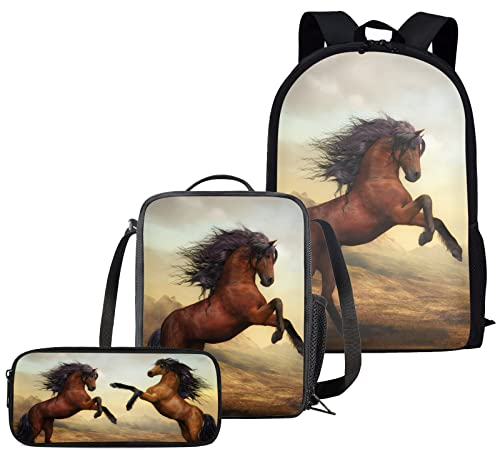 chaqlin Schulrucksack Jungen Schulbuch Tasche Set, Pferd Schultasche + Lunch Tote Bag + Federmäppchen für Jungen Mädchen Rucksack Set 3er Pack