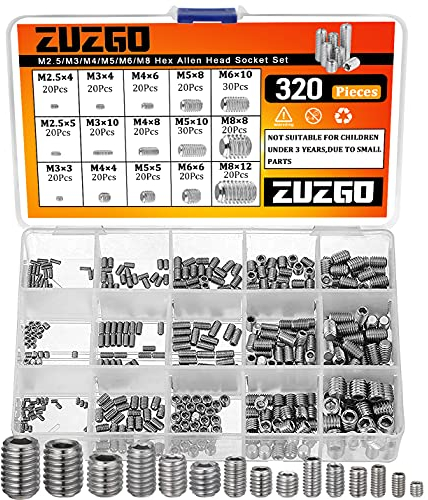 ZUZGO Madenschraube M2.5 M3 M4 M5 M6 M8 Gewindestift 320Stk Sechskantkopf Inbusschraube Sortiment Edelstahl Hex Grub Kopf Maschinenschrauben Kits