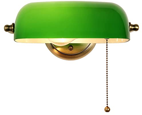 HMAKGG Wandlampe Vintage Retro Bankerlampe grün, mit Messingbasis Retro grüne Wandleuchte Innen Lampenschirm aus Glas Zugschalter,Messing