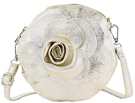 modamoda de T225 Damen Leder Umhängetasche Abendtasche Clutch Blüte Klein handmade in Italy, Farbe:Lightgold Metallic