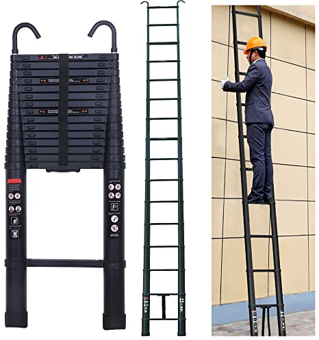 6m Teleskopleiter Ausziehleiter mit 2 Abnehmbaren Haken Tragbare Klappleiter aus Aluminium EN131 für Dachboden/Dachboden 150kg Belastung - Schwarz