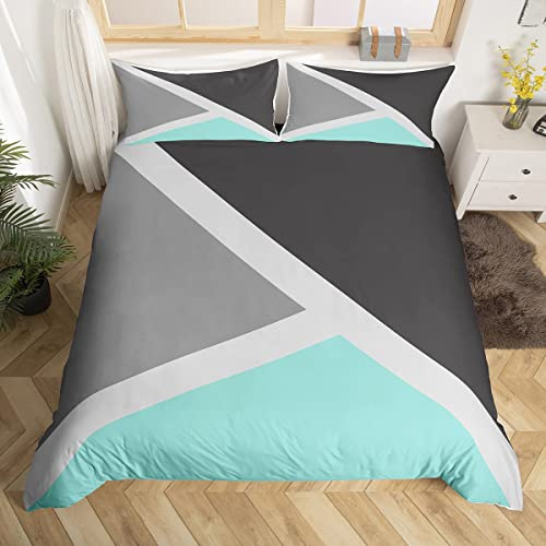Homewish Triangle Single Duvet Cover Set with 1 Pillowcase - Single Size, 100% Soft & Breathable Polyester, Zip Closure - Teal Gray Geometric Bedding - Modern Simple Pattern with Black Reverse