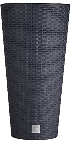 Tymar Blumentopf mit Einsatz, Gross, Rattan, Blumenkübel aus Kunststoff, Übertopf, Runde Form, Innen- und Außenbereich (Anthrazit hoch, ø 25 cm)
