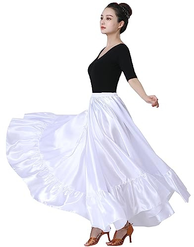 SANCAN Ruffle Long Full Folklorico Practice Mexican Bomba y Plena Dance Performance Maxi Skirt for Women Dress Up Costume (White)
