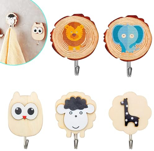Yuaiosn 5 Piezas Ganchos Autoadhesivos de Madera, Colgador de Pared de Madera para Niños, Ganchos Adhesivos para Niños, para Habitación de Los Niños, Baño, Guardarropa