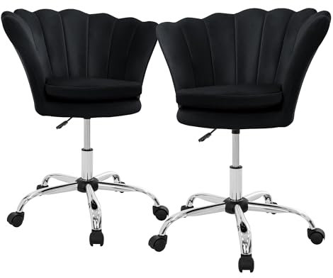 ML-Design Bürostuhl 2er Set aus Samt, Schwarz, Polsterstuhl mit Rückenlehne, höhenverstellbar, 360° Drehstuhl 5 Rollen, Metallgestell, Muschel-Sessel gepolstert, Ergonomischer Büro-Schreibtischstuhl