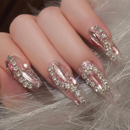 Goiern 24Pcs Long Press on Nails lang Coffin Glitter Fake Nails Shiny Pink Rhinestone Full Cover False Nails Glue on Nails Luxury Ballerina Artificial Acrylic Nails