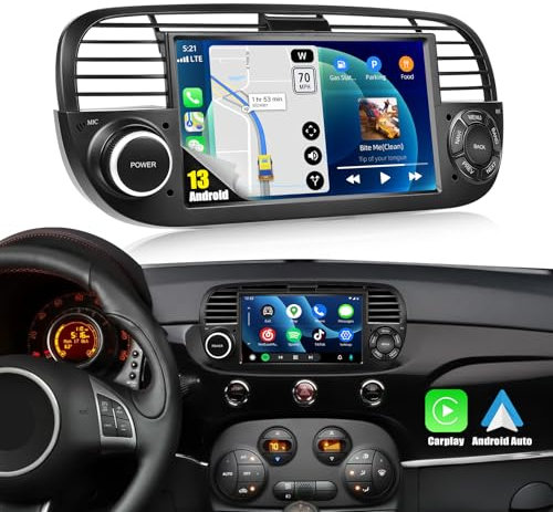 CAMECHO Android 13 Car Stereo for Fiat 500 2007-2015 support Wireless Carplay&Android Auto 7 Inch Double Din Touch Screen with Sat Navi Bluetooth HiFi WIFI FM+Rear View Camera