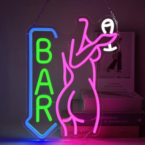 YUEYYNS Bar Enseigne Lumineuse Beer Neon LED Enseignes Néon Sexy Dame Avec Verre à Vin, Bar Neon Light USB Enseigne au Néon pour Maison Bar Club Fête D'anniversaire Artistique Murale