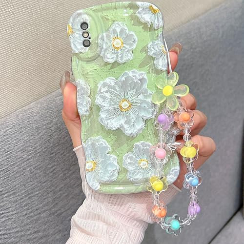 for iPhone X iPhone Xs Curly Wavy Case, Cute Colorful Retro Oil Painting Flower Glossy Pattern [with Bead Chain], Slim Fit Shockproof Protective Cover for Girls Women, Green