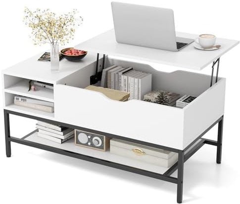 COSTWAY Lift Up Top Coffee Table, Wooden Lifting Cocktail Center Table with Hidden Storage Compartment and Open Shelf, Metal Frame Rectangle Accent Sofa Side Tea Table for Living Room (White)