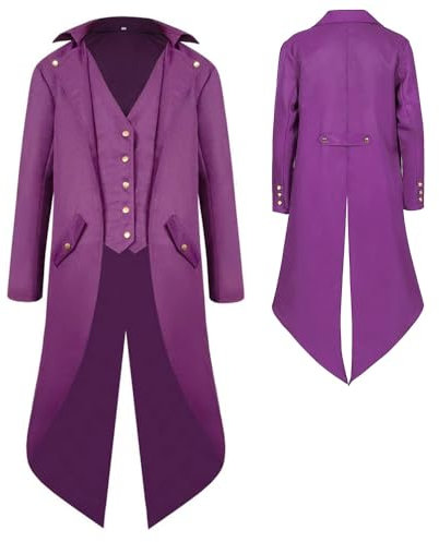 YQVGFBY Cappotto da uomo gotico steampunk, giacca vintage medievale vittoriana uniforme lungo smoking, rinascimentale, pirata, vampiro, feste, cosplay, costumi per adulti e uomini, Viola, S