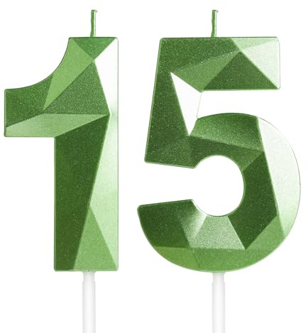 Geburtstagskerzen Zahl 15 Grün - Grüne Kerzen 3D Kerzen für Junge Mädchen Geburtstagstorten, Kerzen zum 15 Geburtstagsdeko (Nummer 15 Kerze, Tortenkerzen) Geburtstagsparty, Feier