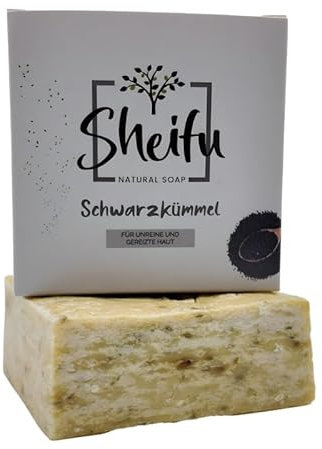 Sheifu Schwarzkümmelöl Naturseife 125g – Vegane Duschseife Für Alle Hauttypen, Feste Gesichts- & Handseife Für Unreine Haut, Palmölfrei, Handgemacht, Nachhaltig