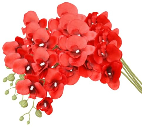 XZJMY Artificial Phalaenopsis Orchid Stems, Red, 4 Count | 27.5 Inches, Real Touch, Silk Flowers, Wedding & Home Decor