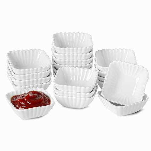 UIBFCWN Lot de 20 Plat de Sauce Soja en Céramique, 7 x 7 x 3cm, 60ml Bols à Tapas et Sauces, Coupelle à Trempette Sauce Pour Tapas, Trempette, Sushi, Confiture, Va au Four à Micro-Ondes