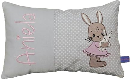 Personalisiertes Kissen zur Geburt und Taufe | Bestickt mit Namen und süßem Häschen | Baumwolle (20cm x 30cm, Kuschelhase)