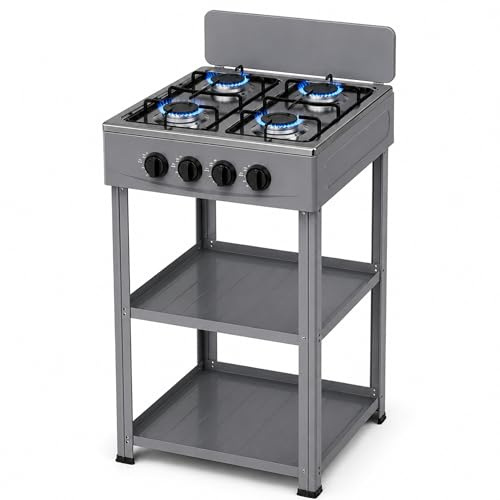 Fornello a Gas 4 Fuochi con Mobile e 2 Ripiani Acciaio, Cucina Compatta in Alluminio con Controllo Fiamma, Piano Cottura 82x49x49 cm per Interno ed Esterno, Grigio