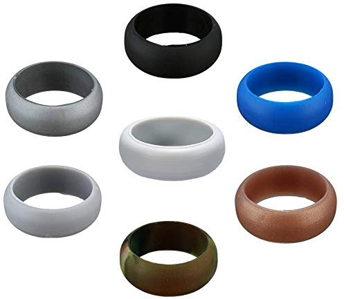 Boolavard Silikon Ehering für Männer und Frauen Preiswerte Silikon Gummiband, 7 Pack, 5 Pack & Singles - Weiß, Grau, Silber, Blau (Schwarz, Silber, Blau, Weiß, Grau, Bronze, Camo, 12-21.50mm)