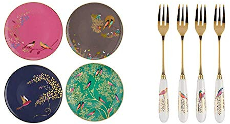 Sara Miller for Portmeirion Chelsea Cake Plates, Ceramic Multi-Colour, 215 x 215 x 60 cm & Miller for Portmeirion Chelsea Pastry Forks Set of 4, Ceramic Multi-Colour, 170 x 140 x 35 cm