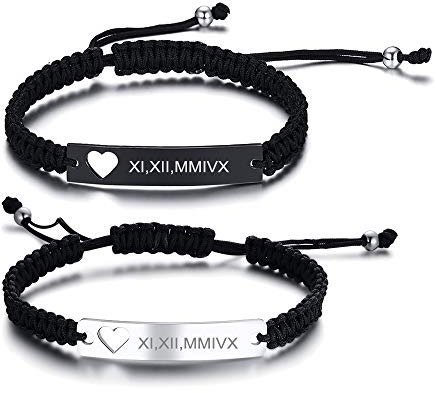 PJ JEWELLERY Personalised Stainless Steel and Braided Rope Adjustable Hollow Heart Couples Bracelet Distance Matching Bracelets for him and her