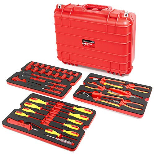 Powerbuilt VDE-Werkzeug-Set für Elektriker, isoliert, mit wasserdichtem Gehäuse, 0,95 cm Dr. Ratsche, 16 Stück, Stecknussgrößen 10-24 mm, 10 Stück, Schraubendreher, 6 Stück Zange - 240259