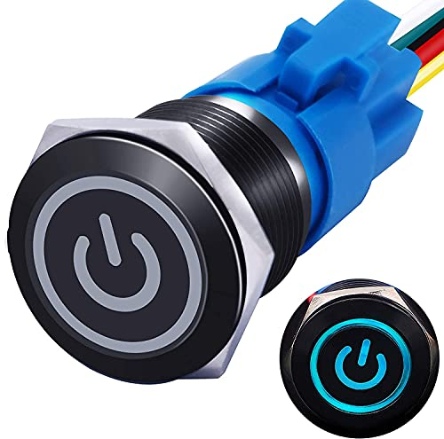 mxuteuk 19mm Verriegelung Druckschalter 1NO 1NC SPDT EIN/AUS Schwarzes Metallgehäuse mit 12V Power Symbol Leuchte Drucktaster mit Steckdose Stecker für 3/4 Montageloch Selbsthemmend L-19-POWER-B-BU