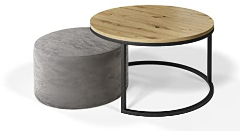 lukmebel Couchtisch rund mit Polsterhocker - CIRI 2in1 - Beistelltisch rund - Kaffetisch - Industrial Deko - Wohnzimmertisch - Kleiner Beistelltisch - Kleiner Tisch, Schwarz/Artisan Eiche