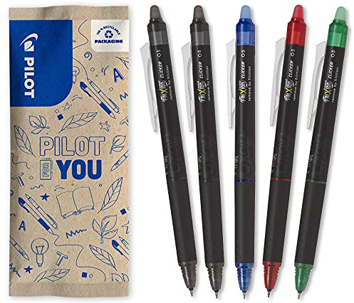 PILOT - 5er-Set Frixion Point Clicker - Tintenroller 0.5 mm mit löschbarer mit Druckmechani - Thermosensitiver Tinte - 2x Schwarz + 1x Blau/Rot/Grün - Nachfüllbar - Feiner Spitze