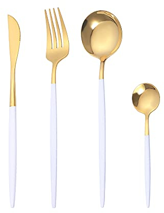 OUQIWEN Set di posate,8 pezzi set di posate in acciaio inossidabile bianca e oro,set di posate in oro bianca,Compreso forchetta/cucchiaio/coltello/cucchiaino,Per 2 persone (platino)