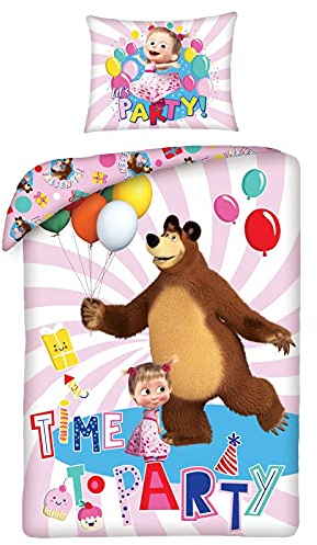 Halantex - Juego de Cama (2 Piezas), diseño de Masha y Michka, Reversible, 140 x 200 cm, Funda de Almohada, 70 x 90 cm, 100% algodón