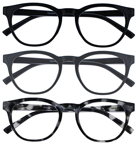 OPULIZE Blu Reading Glasses with Blue Light Blocking 3 Pack Cool Round Frame Spring Hinges Improve Sleep Computer Gaming Anti-Reflective Black Grey Tortoise Mens Womens BBB5-17W +1.50