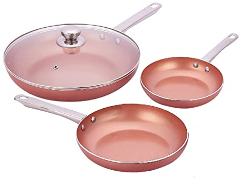 SILVANO - Juego de Sartenes - Modelo QTH-532 - Sartenes Antiadherentes - Recubrimiento de Cobre - Tapa de Cristal - Aleación de Aluminio - Aptas para Horno y Lavavajillas