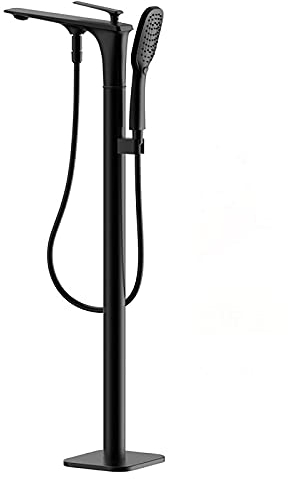 Shower Set Robinet de Baignoire Ilot Autoportante Poignée Unique Montage au Sol Robinets Laiton Robinet de Baignoire sur Pied avec Douchette à Main et Boîte Intégrée,Noir