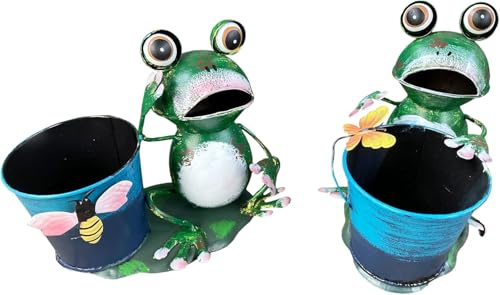 Set of 2 Frog Planter Pot Metal Hand painted Flowerpot Holder Decoration, Flower Pot Plant Stand Frogs Animal Garden Ornament Sculpture Indoor Outdoor Versatile Display (A + B)