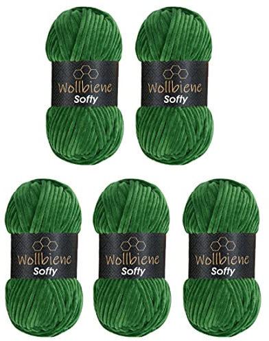 Wollbiene Softy 5 x 100 Gramm chenille wolle zum häkeln Strickwolle, Babywolle, 500 Gramm Chenille Wolle Super Bulky crochet yarn (grün 88)