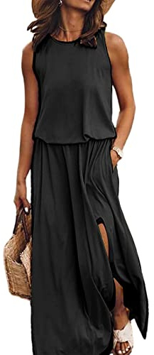 amropi Vestidos Mujer Casual Camiseta de Playa Verano Largos Vestido Sin Mangas Negro,L