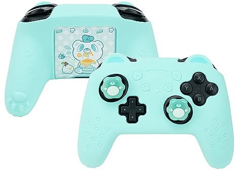 GeekShare Entzückendes Bären-Controller-Skin-Set mit 2 Daumengriffkappen und 1 Aufkleber, rutschfeste Silikon-Schutzhülle für Nintendo Switch Pro Controller – Grün