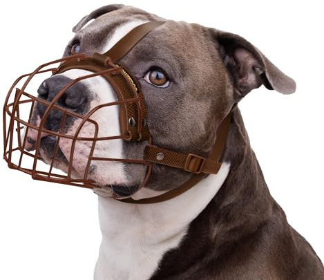BRONZEDOG Maulkorb für Pitbull Hund aus atmungsaktivem Metallkorb für große Hunde wie Amstaff und Staffordshire Terrier – mit Nylonriemen – gegen Beißen, Kauen und Bellen