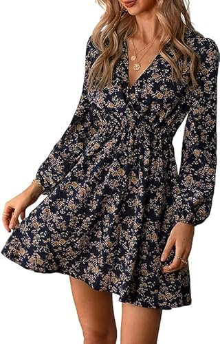 MAFA Vestiti Casual da Donna Estivi Autunno Elegante a Pois Abito a Maniche Lunghe Vestito Scollo V Abiti Corto con Volant e Vita Alta Fiori Viola S