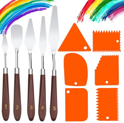 Espatulas Pintura Acrilica Set, 5 Pcs Raspador Para Arte, Cuchillos De Paleta De Acero Inoxidable, Espátulas Pintura, con 6 Pcs Espatula Plastico, Cuchillo De Pintura Para La Pintura De Arte Artesanal