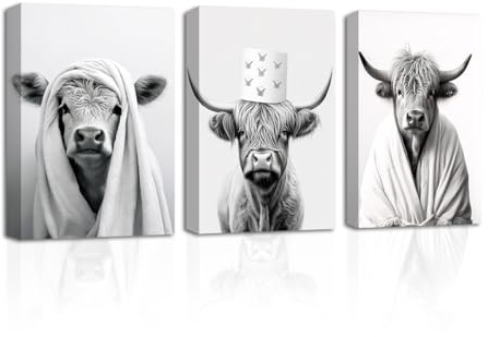 CXHOSTENT Lustiges Badezimmer Hochlandkuh Leinwandbild 3 teilig Kuh im Bademantel Bild auf Leinwand Schwarz Weiß Tierbild (B, 28.00 x 35.00 cms x 3PCS)