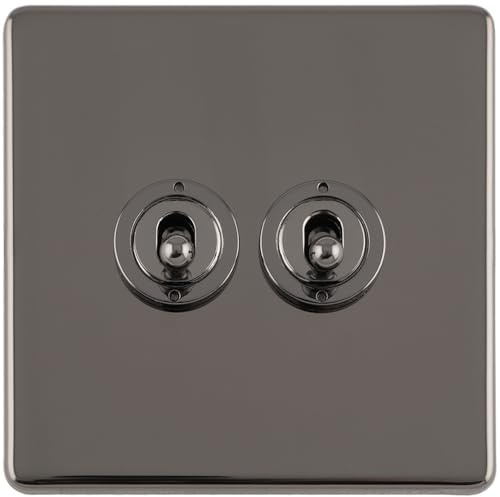 2 Gang Double Retro Toggle Light Switch SCREWLESS Black Nickel 10A 2 Way Lever - Classic Vintage Style Flick Lever Wall Plate