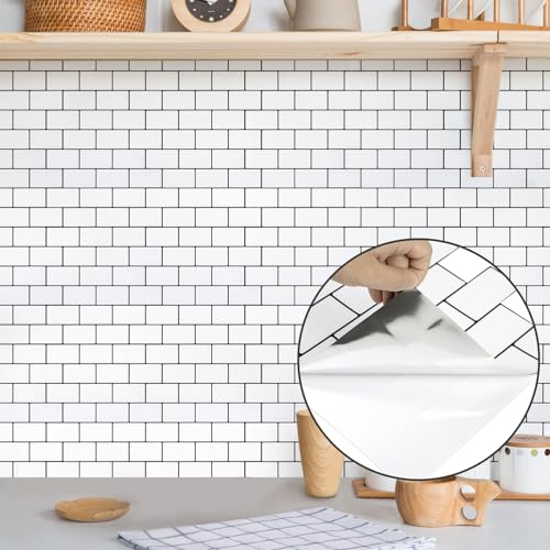 Hode Stick on Tiles Peel and Stick Self Adhesive, Sticky Wall Tile Stickers for Kitchen Bathroom, White Vinyl Covers 3D PVC Thicker 10 Sheets 30.5x30.5cm
