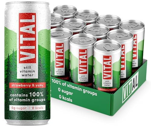 VITAL Still Vitamin Water, Contains All 13 Vitamin Groups, Sugar-free, Zero Calories, 100% Vitamin Water (12 X 330ml Can) (12 Cans Pack, Strawberry & Yuzu)